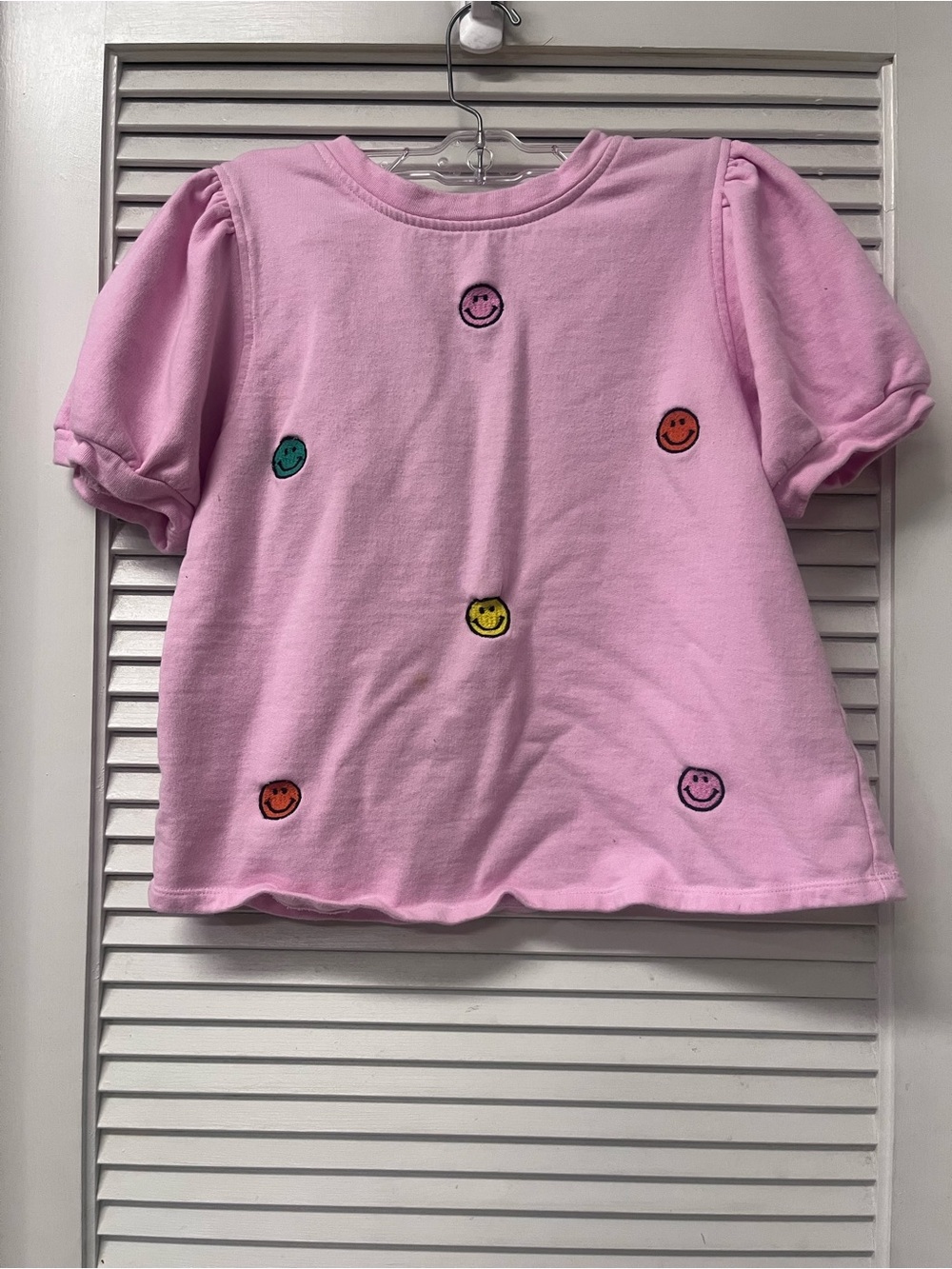 THML SMALL Girls Pink Puff-Sleeve Smile Patch Tee